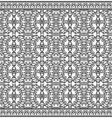 Black seamless pattern and border. Overlapping vignettes. Indian, Arabic, Middle East style. 