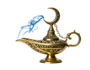 Ornate golden lamp with smoking genie, crescent handle against black