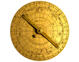 A detailed image of an antique astronomical instrument, brass colored