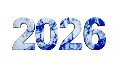 Numerical year "2026" with blue marble texture on black backdrop