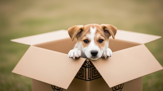 Cute dog peeking out cardboard box.
