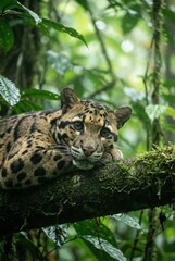 Obraz premium Panthère nébuleuse (léopard tacheté) se reposant sur une branche moussue