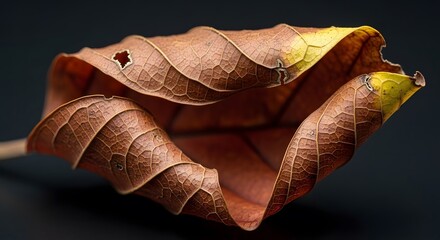 Macro shot of dried brown leaf with intricate vein texture and holes against dark black background showing natural decay and autumn season transition in close up view