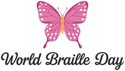 world braille day celebration with a pink patterned butterfly and elegant text, accessibility, awareness of visual impairment, equality, and supportive design for global.