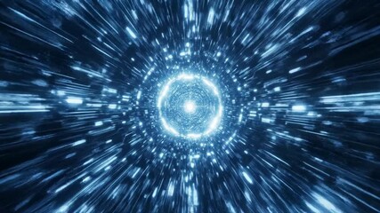 Futuristic blue light tunnel with particles.