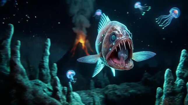 Small sharp-toothed fish swims in deep ocean waters and is deceived into swimming directly into the open mouth of a larger predatory fish.