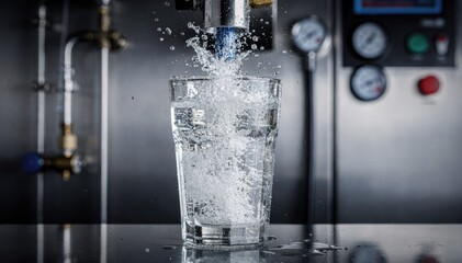 Medium shot of highfizz carbonation injection capturing vigorous CO2 bubbles bursting vigorously in a cold beverage against a sleek industrial setup.