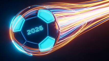 Glowing soccer ball with 2026 text flying through neon lights