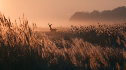 Nebliges Schilffeld im warmen Morgenlicht
