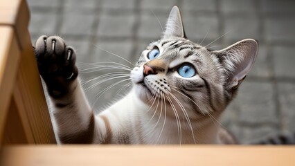 Close up of a tabby cat with bright blue eyes scratching a wooden surface feline animal