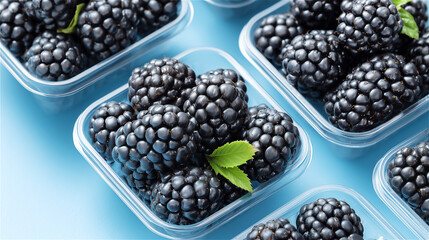 Fresh blackberries in clear plastic containers on a blue background, overhead close-up of ripe fruit for grocery retail, healthy snacking, summer harvest, and clean eating.