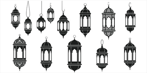 Assortment of detailed Islamic lantern silhouettes on white background Keywords: Islamic lantern, Ramadan lantern, Arabic © MdAbdur