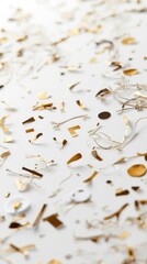 Scattered metallic confetti on white surface