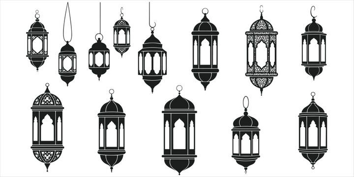 Assortment of detailed Islamic lantern silhouettes on white background Keywords: Islamic lantern, Ramadan lantern, Arabic