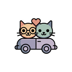 Two adorable cats riding in a purple vintage style car with a heart