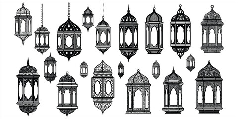 Assortment of intricate Islamic lantern silhouettes on white background Keywords: Islamic lantern, Ramadan lantern, Arabic © MdAbdur