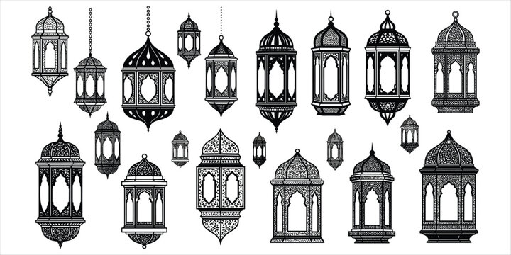 Assortment of intricate Islamic lantern silhouettes on white background Keywords: Islamic lantern, Ramadan lantern, Arabic