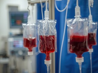 Medical iv bags with red fluid