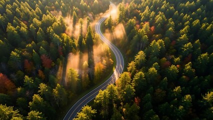Aerial view of winding road through dense forest with autumn foliage and sunlight rays