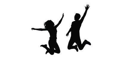 Two people joyfully jumping in the air a striking black silhouette © MD