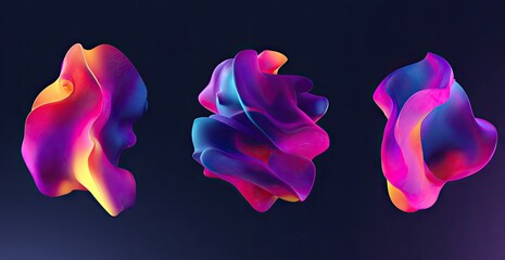 Three abstract shapes with flowing, multicolored gradient on a dark, blurred background