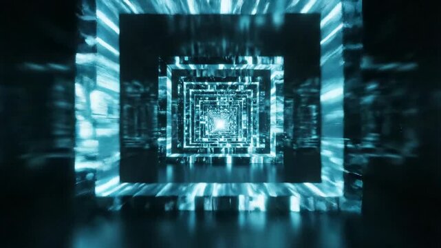 Futuristic Neon Cube Tunnel With Blue Lights.
