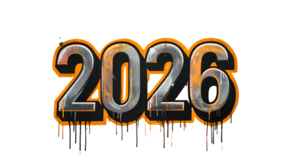 Bold, metallic "2026" with orange outline, dark shadow, and dripping effect