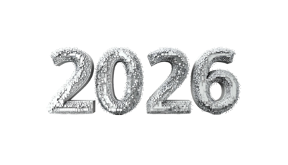 Silver, glittery numbers forming the year 2026 against a black backdrop