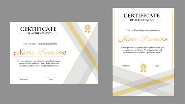 Certificate of Achievement with diagonal gold and gray lines and ribbon emblem, ideal for formal recognition in portrait and landscape design