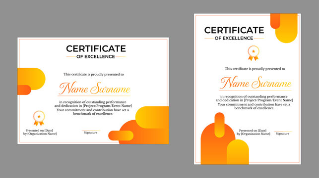 Certificate of Excellence with orange, yellow, and red abstract shapes, perfect for performance and dedication in landscape and portrait design