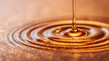 Golden oil drop creating ripples on metallic surface abstract art close-up reflective environment conceptual imagery