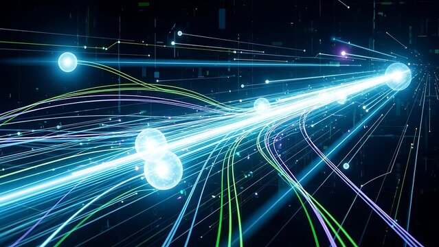 Bright blue and green light trails forming abstract connections in a dark background glowing - Powered by Adobe