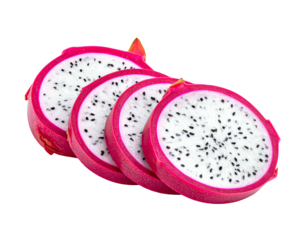 Sliced dragon fruit with vibrant pink skin and speckled white flesh