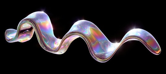 A shimmering, iridescent, ribbon-like structure with flowing, curved shapes, set against black