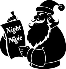 Santa Claus checking his naughty or nice list silhouette vector black , white background