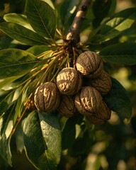 Cluster of walnuts on a tree branch