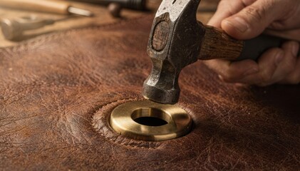 Medium frame of brass grommet being hammered into leather capturing warm tones and antique craftsmanship details.