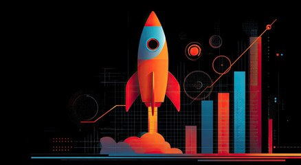 A rocket blasting off near a bar graph against a dark background with data lines