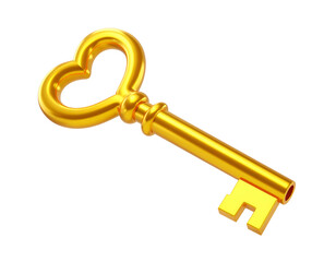 Gleaming, golden key with a heart-shaped top on a dark background