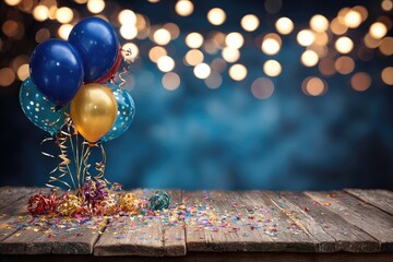 Balloons rise above wood, confetti-covered, with bokeh backdrop