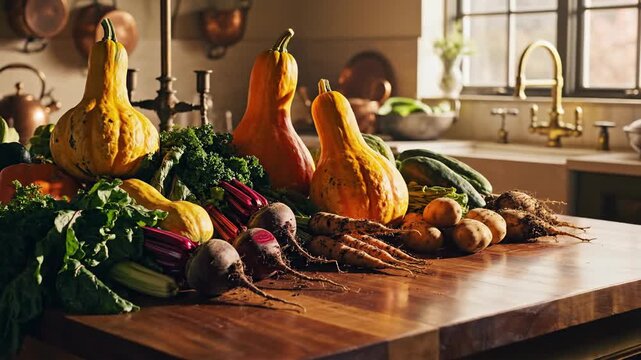 Harvested gourds and vegetables arranged on kitchen counter.