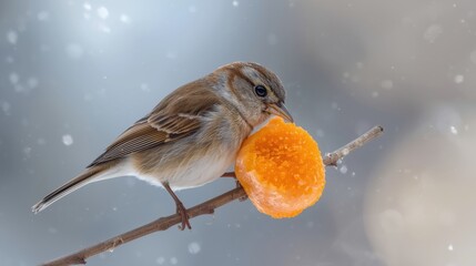 Bird feeding on orange slice in snow