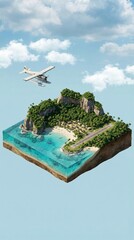 An island featuring a small plane perched on its surface, surrounded by water and clear blue skies.