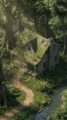 A small house nestled among lush trees and vibrant plants, creating a serene and natural environment.