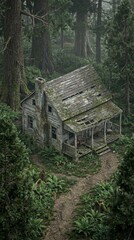 A small house nestled among lush trees and vibrant plants, creating a serene and natural environment.