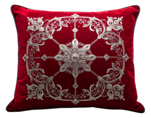 Plush red pillow with intricate silver embroidery