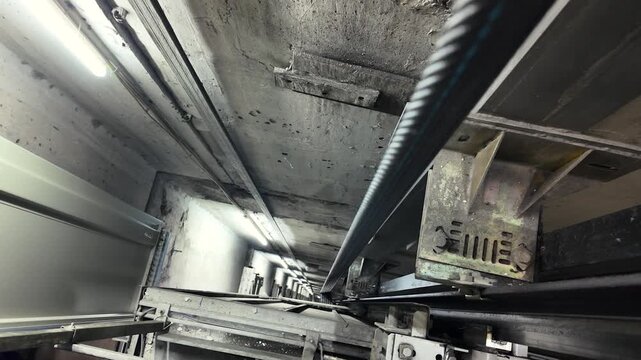 Inside a deep elevator shaft view from the top of the cabin during maintenance or repair work showing guide rails steel cables mechanism and concrete walls in a high-rise building industrial backgroun