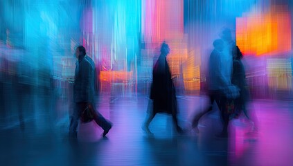 Silhouetted figures move through an urban corridor, captured with a blurred and colorful effect