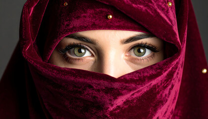 Fototapeta premium muslim woman eyes gaze directly from a deep red velvet veil capturing cultural tradition and mystery for editorial use.