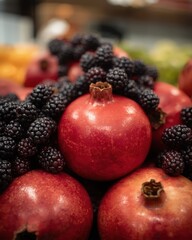 Vibrant pomegranates and blackberries display